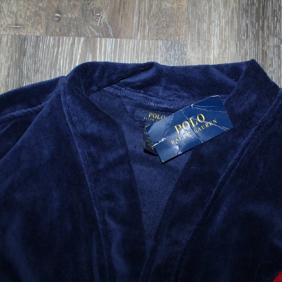 NWT POLO‎ RALPH LAUREN MEN'S VELOUR TERRY PLUSH BATH ROBE NAVY BLUE - Picture 6 of 9